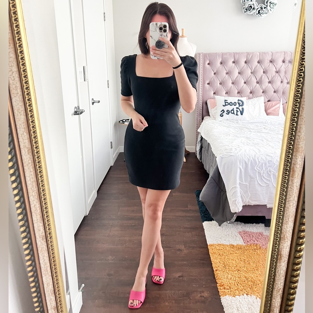 Club Monaco Black Ribbed Square Neck Puff Sleeve Mini Cocktail Party Dress